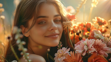 Wall Mural - A relaxed beautiful girl, she is in a chic dress and with a large bouquet of flowers. She's happy. There is a warm light in the background.