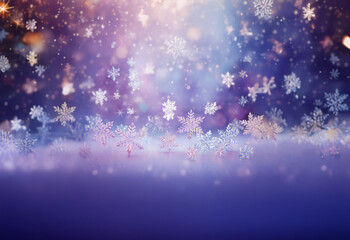 abstract background with falling snowflakes and soft bokeh lights in purple, pink, and blue hues.