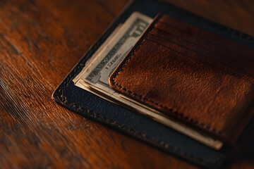 A simple close-up of an open wallet reveals a few bills tucked inside, showcasing a warm brown leather texture against a wooden background