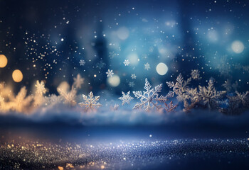 A snowy winter scene with a soft glow and falling snowflakes.