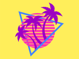 80s retro sci-fi palm trees on a sunset. Retro futuristic sun with palm trees in a triangular frame. Synthwave style. Design for advertising brochures, banners and posters. Vector illustration