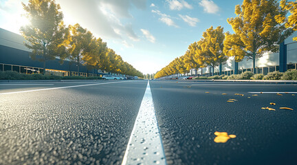 Wall Mural - A mall in the distance, in front of it is a long road of asphalt with parking lines, sunny.