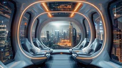 Poster - Futuristic spaceship interior with two rows of seats on the left and right sides, large floor-to-ceiling glass windows at the front and on both sides showing a breathtaking city skyline outside.