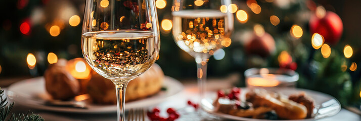 festive table setting featuring sparkling wine glasses, delicious food, and warm holiday lights creates joyful atmosphere for celebration