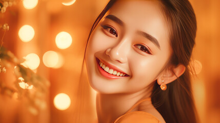 Portrait of smiling asian teenager girl golden background.