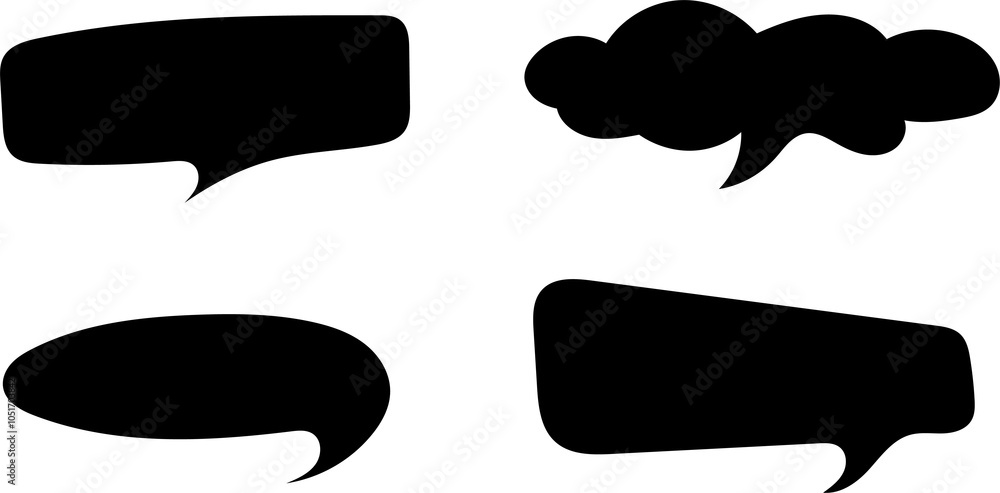 Collection of nine black speech bubble icons in various shapes and ...