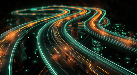 Poster - A futuristic highway with complicated routes, green and orange lights, black background.