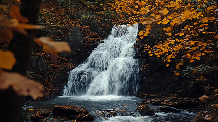 A captivating shot of a waterfall during autumn, with colorful fall foliage framing the flowing water and creating a magical scene 