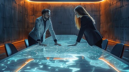Poster - Business leaders executing a strategic plan in a futuristic boardroom, representing the interconnectedness of the business world.