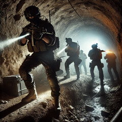 Armed soldiers navigate a dark tunnel during a nighttime operation in an underground environment with minimal visibility