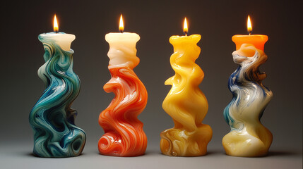 Artistic twisted candles in vibrant colors with unique patterns and warm flames creating cozy and stylish decor ambiance