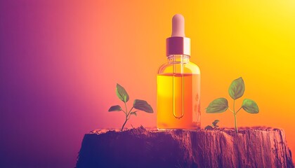 A glass bottle of serum or essential oil sits on a wooden stump with two green plant sprouts on either side, against a vibrant orange, yellow, and purple gradient background.