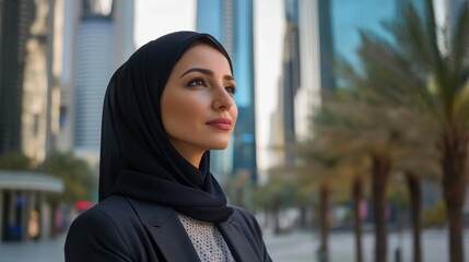 Arabic woman looking aside, dressed in casual business attire, standing confidently in a modern cityscape