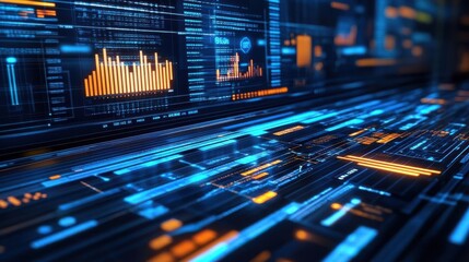 Futuristic technology interface with vibrant blue and orange data visualization elements.