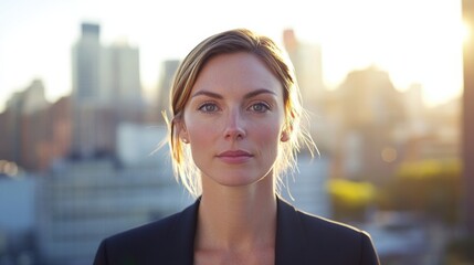 Closeup headshot of a female business leader, focused expression, with a blurred city background