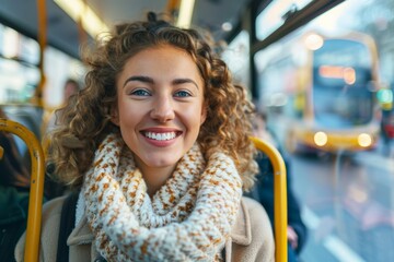 A smiling young woman riding a bus in the city, reflecting the joy of commuting, public transportation, and city life during winter with her cozy scarf.