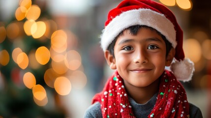 Wall Mural - Cheerful Nepali Boy in Festive Attire Embracing Warm Christmas Spirit