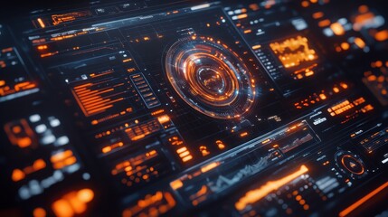 Holographic interface displaying swirling data and graphics.