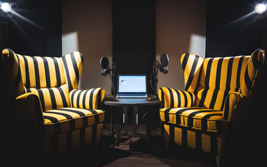 podcast studio with professional microphones . A stylish podcast setup featuring two modern sofa set and a central microphone, illuminated by ambient lighting, set against a sophisticated.