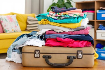 A suitcase packed with colorful clothes is placed on a wooden floor, with vibrant textiles spilling over.