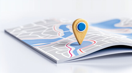 Map pin on map indicating location with blue and yellow elements for navigation and travel