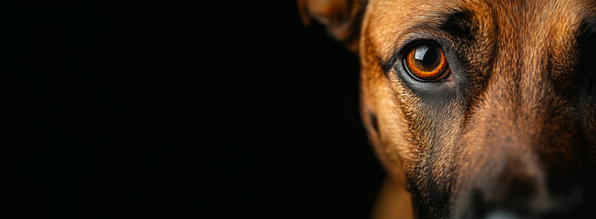 Wall Mural - belgian malinois dog showing face and intense orange eye on dark background with copy space