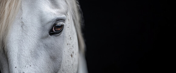 Wall Mural - white horse face showing its brown eye on dark background