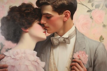 Wall Mural - Love couple portrait painting kissing.