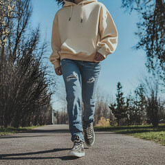 Hoodie Mockup - A person walking on a path in casual attire surrounded by trees and a clear blue sky.