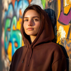 Hoodie Mockup - A young person in a hoodie stands against a colorful graffiti wall, exuding a relaxed vibe.