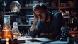 © Vergiliy - Scientist in laboratory deep in thought, surrounded by glassware and equipment