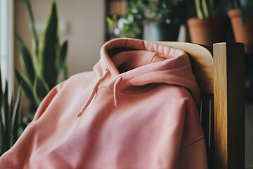 Hoodie Mockup - A soft pink hoodie drapes over a wooden chair, surrounded by indoor plants.