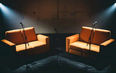 podcast studio with professional microphones . A stylish podcast setup featuring two modern sofa set and a central microphone, illuminated by ambient lighting, set against a sophisticated.