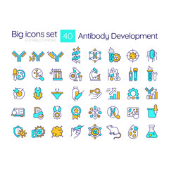 Sticker - Antibody development RGB color icons set. Stages of research, lab equipment and scientific analysis. Isolated vector illustrations. Simple filled line drawings collection. Editable stroke