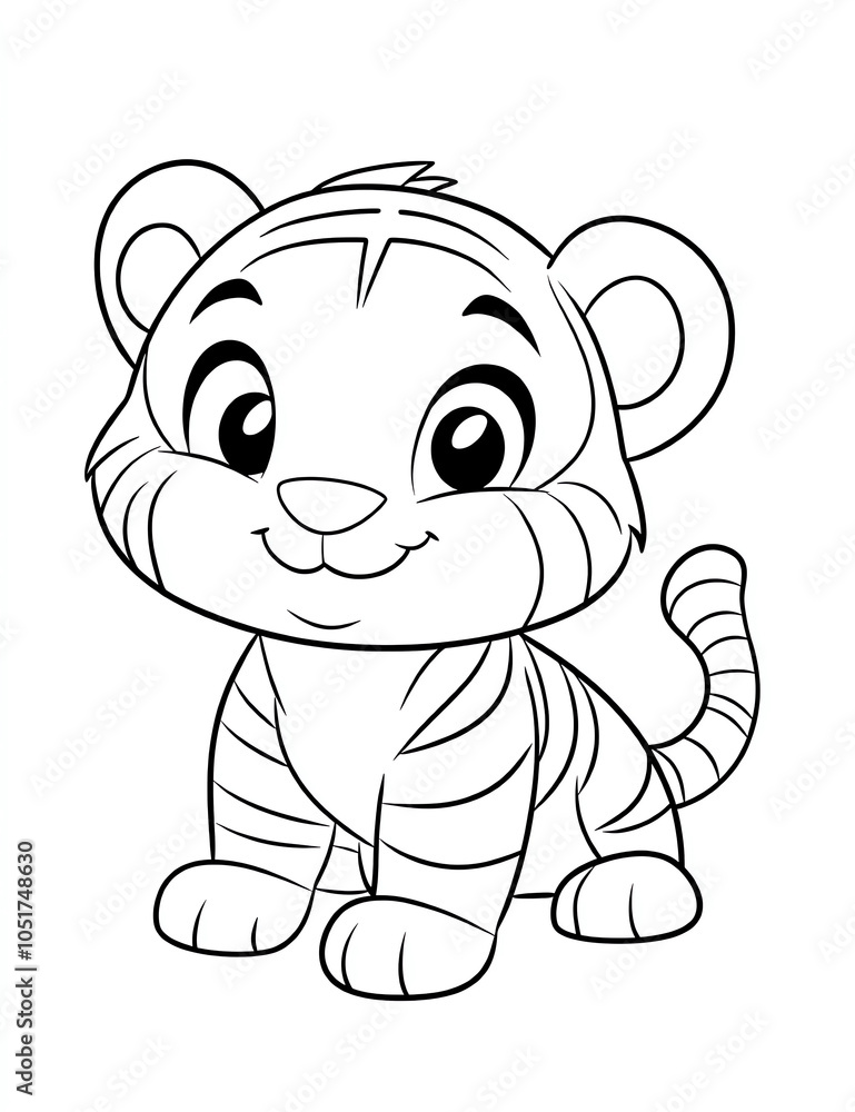 Cute Cartoon Tiger Coloring Page For Kids No Background Thick Lines cute-cartoon-tiger-coloring-page-for-kids-no-background-thick-lines