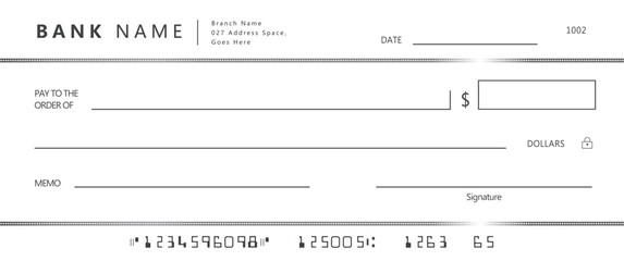 Wall Mural - blank bank check, checkbook cheque template with blue guilloche, vector mockup. money payment bank c