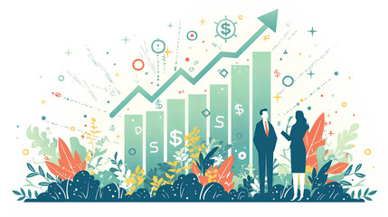 Graph illustrating business growth with two professionals in discussion, combining nature with financial success symbols.