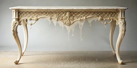 A luxurious ivory console table covered in dust and cobwebs as a single droplet of dew slowly drips onto the surface, dew, ivory