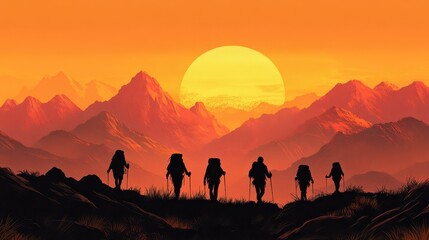 A tranquil sunrise over a mountain range, with silhouettes of hikers starting their journey.