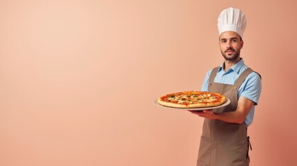 Wall Mural - A Pizzaiolo Proudly Holding a Fresh, Hot Pizza Against a Soft Pastel Background, Featuring Ample Copy Space for Culinary Promotions and Menus.

