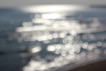 Wall Mural - a blurry dreamy view of waves lapping on the beach.