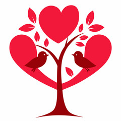 Valentine's day love birds kissing on heart tree vector illustration on white background