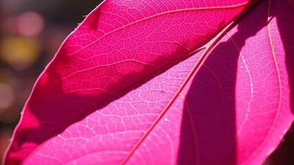 Sticker - A close-up view of a vibrant pink leaf, its intricate network of veins illuminated by the sun, casting delicate shadows that accentuate its delicate texture.