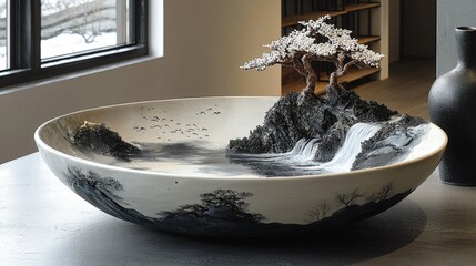 A decorative bowl featuring a serene landscape with mountains, waterfalls, and a tree.