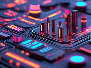 Wall Mural - vibrant digital interface showcasing neon lights and futuristic components, perfect for technology a