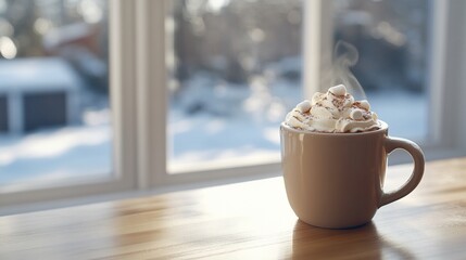 A cozy cup of hot chocolate topped with marshmallows by a snowy window.