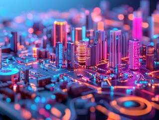 Wall Mural - a vibrant, futuristic cityscape showcasing neon lights and modern architecture on a digital circuit 