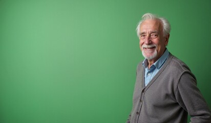 Senior man with cheerful expression posing against green background with copy space