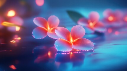 Two pink flowers with glowing edges on a blue and pink background.