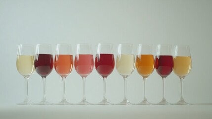 Red, white, and rose wine glasses arranged on wooden table for degustation.